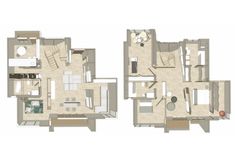 three floor plans with different rooms and furniture