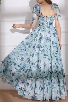 Bow Tie Strap Dress, Corset Chiffon Dress, Corset Dress Back, Floor Touch Gown, 3 Tier Dress, Chiffon Dress Floral, Chifon Dress, Chiffon Corset, Back Tie Dress