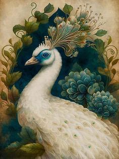 a painting of a white peacock with blue eyes and feathers on it's head