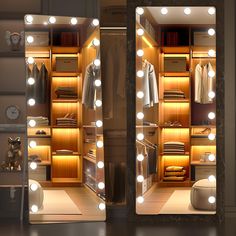 an open closet with lights on the doors