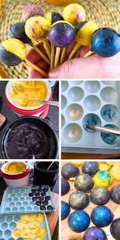 the process of painting easter eggs with different colors and shapes, including blue, yellow, purple