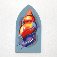 a painting of a colorful snail on a white wall next to a blue and red arch