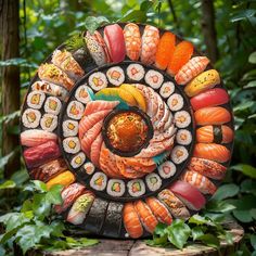 a sushi platter is displayed on a tree stump in the middle of a forest