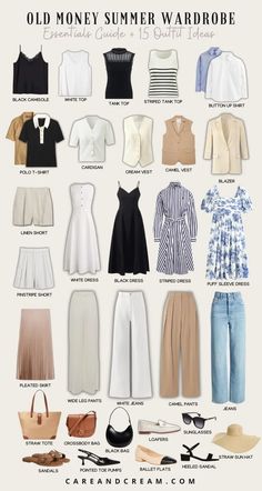 Old Money Summer Capsule Wardrobe + 15 Outfit Ideas French Summer Outfits Classy, Midi Skirt Classy Outfit, Summer Style Old Money, Elegant Outfit Essentials, Summer In The Hamptons Aesthetic Outfits, Spring Summer Outfits Casual, Outfit For Summer For Women, Summer Outfits Old Money Aesthetic, Old Money Style Woman Outfit