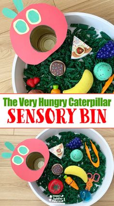 the very hungry caterpillar sensory bin is an easy activity for toddlers