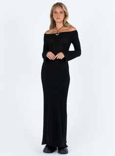 Long sleeve maxi dress Slim fitting Princess Polly Lower Impact 63% reclaimed polyester 25% polyester 12% nylon Knit material Off the shoulder design Wide neckline Slightly flared cuff Non-stretch Unlined Off The Shoulder Maxi Dress, All Black Dresses, Dress Slim, Maxi Dress Black, Sleeve Maxi Dress