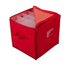 a red storage box with compartments on the top and bottom, open to reveal items inside