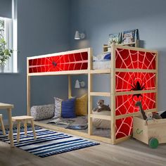 a child's bedroom with bunk beds and toys