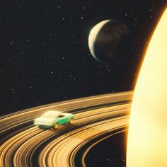 an image of a car driving in front of the moon and saturn as seen from earth