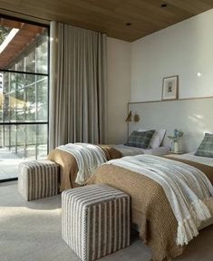 two beds in a room with large windows