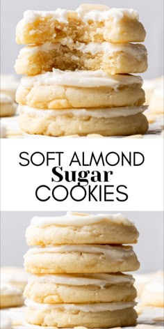 soft almond sugar cookies stacked on top of each other with the words, soft almond sugar cookies