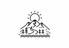 a black and white line drawing of a mountain with trees on the top, sun rising above it