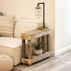 a living room with a couch, table and potted plant on the end shelf