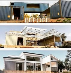 three pictures of different types of shipping containers in the process of being built and assembled