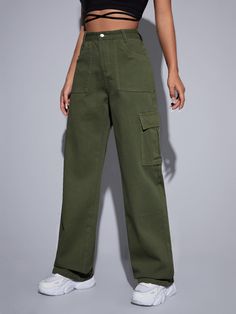 Pants Green, Green Straight Pants Outfit, Dark Green Pants Women, Cargi Jeans, Cargo Pants Dark Green, Cargo Pants High Waisted, Cargo Pants Straight Leg, How To Style Dark Green Cargo Pants, Jeans Verdes