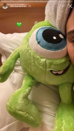 a woman laying in bed with a green stuffed animal next to her face and eyes