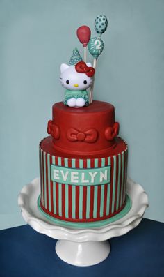 a hello kitty birthday cake with balloons on top