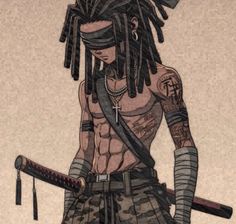 a drawing of a man with dreadlocks holding a baseball bat