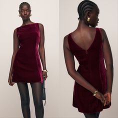 Reformation Brisbane Velvet Mini Dress In Chianti Red. Size 4. Features Non Adjustable Straps, Sleeveless, Boat Neckline, Short Mini Length, And Soft Non Stretch Velvet Fabric With Medium Pile. 82% Rayon, 18% Silk. New With Tags. Tags: Cocktail, Holiday Party, Christmas Or, Velour, Dark Red, Formal, Nwt Chest: 17" Waist: 14" Length: 32" (Approx.) Red Dresses Short Formal, Dark Red Dress Short, Red Velvet Dress Short, Holiday Party Dress Classy, Classy Christmas Dresses, Red Silk Mini Dress, Queer Prom, Red Velvet Mini Dress, Dress Short Tight