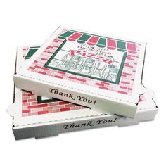 two pizza boxes are stacked on top of each other with the words thank you written on them