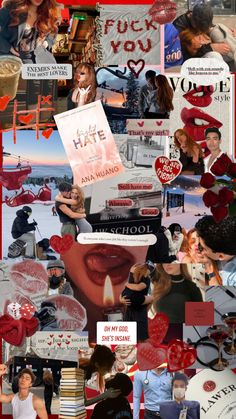 the collage has many different pictures and words on it, including one woman's face