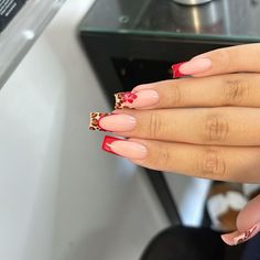 Red Leopard French Tip Nails, Square Shaped Nails Long, Red French With Design, Red Leo Nails, Red And Lepord Nails Acrylic, Leapord Nails Acrylic Red, Red Leapord Print Nail, Latina Square Nails, Cheetah Nails With Cherries