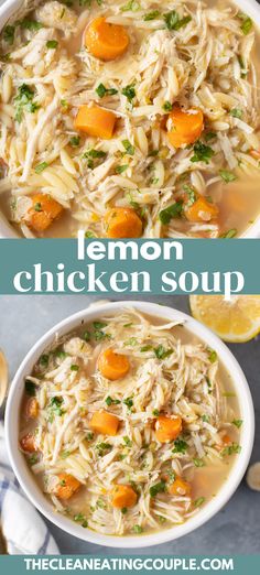 two bowls filled with chicken noodle soup on top of a blue and white checkered table