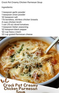 a bowl of chicken parmesan soup is shown in this brochure recipe