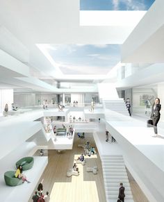 an artist's rendering of the interior of a building with people sitting and standing