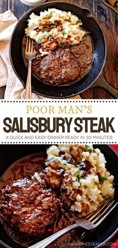 steak and potatoes in a skillet with the title poor man's salisbury steak