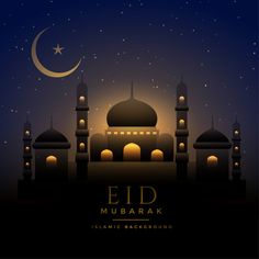 an illustration of the eid mubarak islamic background with mosque and crescent moon