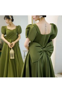 Green Satin Prom Dress, Dress With Big Bow, Big Bow Dress, Pleated Satin Dress, Long Frock Designs, Frock For Women, Long Frocks, Satin Prom Dress, Satin Gown