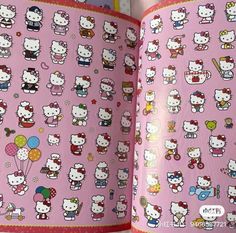 an open book with hello kitty images on the front and back covers, in pink