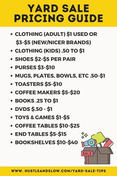 the yard sale pricing guide is shown