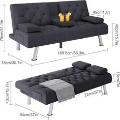 the measurements for a futon sofa and ottoman bed are shown in two different sizes