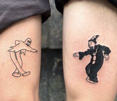 two people with matching tattoos on their legs