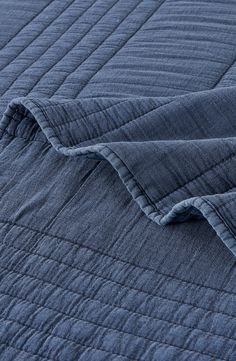 MELANGE HOME Stone Washed Quilt & Sham Set | Nordstromrack Navy Blue Sheets Bedroom, Chambray Bedroom, Blue Sheets Bedroom, Moody Coastal Decor, Bedding Styling, Navy Bedspread, Navy Bedding, Navy Blue Bedrooms, Quilted Bed