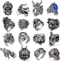 PRICES MAY VARY. 😎【PUNK RINGS SET】One order include 16pcs gothic punk ring, all the vintage punk rings in different styles, including chinese dragon ring, bull demon king ring, skull rings, wolf head ring, lion king ring, tiger ring, cross ring, goat ring, skeleton ring and so on shape. Multiple types of cool rings are provided to match your daily clothes or take to attend parties. Bonus points for your overall styling, you can become more charming in the crowd. 【QUALITY MENS RINGS】The retro ri Black Metal Skull Ring Symbolic Style, Symbolic Black Metal Skull Ring, Black Stainless Steel Rings For Halloween, Halloween Black Stainless Steel Ring, Black Stainless Steel Skull Ring For Halloween, Black Symbolic Skull Ring For Halloween, Symbolic Black Skull Ring For Halloween, Gothic Stainless Steel Skull Ring, Black Gothic Skull Ring For Biker Events