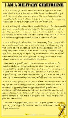 Every word of this is true. With each word another tear fell. Even on the bad days, promises of being there are what help us through. We look forward to getting a letter or a phone call. We usually go overlooked by others but not by our military man. We are their motivation. Military girlfriends are just as important as the mothers, fathers, and wives. Please pray for us too. Army Girlfriend Quotes, Marine Husband, Marine Girlfriend Quotes, Proud Army Girlfriend, Military Boyfriend, Marine Girlfriend, Hotel Shampoo, Air Force Girlfriend, Military Relationships