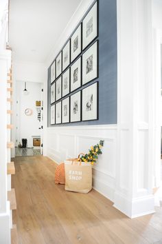 a bag sitting on the floor in front of a wall with pictures hanging above it