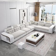 a living room filled with lots of white furniture