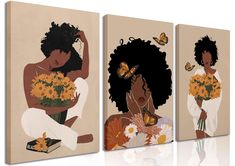 three paintings of women with flowers and butterflies