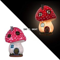 two small mushroom houses with lights on them and the words day and night written below