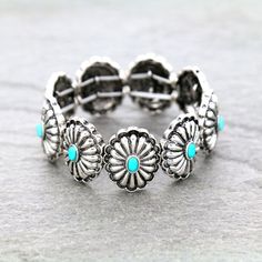 Beautiful Hand Crafted Turquoise Stone Western Concho Style Stretch Bracelet. Burnished Silver Plating. Alloy Metal. Anti Tarnish. Nickel, Lead and Chrome Free. Add a Touch of Western Flair to Your Wardrobe. Western Jewelry Necklace, Country Girl Jewelry, Southern Jewelry, Western Fashion Jewelry, Rodeo Jewelry, Western Rings, Western Bracelets, Cowgirl Accessories, Western Stuff