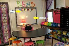 a classroom with desks, chairs and chalkboards on the wall that read re - read