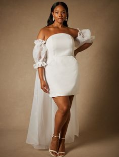 Bridal by ELOQUII Mini Dress With Puff Sleeve Cape | ELOQUII Wedding Dress With Pixie Hair, Whit Dress Plus Size, Blazer Wedding Dress Plus Size, White Puff Sleeve Dress Plus Size, Plus Sized Courthouse Wedding Dress, White Court Wedding Dress In Nigeria, Bridal Shower Dress For Bride Puff Sleeve, Civil Wedding Dress Courts Plus Size, Eloquii Bridal