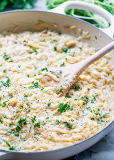 a skillet filled with macaroni and cheese