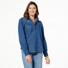 TWRHLL by Christie Brinkley Puff Sleeve Denim Blouse  Bound to become your new fashion favorite, Christie Brinkley's 100% cotton denim blouse silhouette with puffed sleeves can be worn open or closed for endless styling options throughout the year. Casual Chambray Button-up Blouse, Classic Chambray Denim Button-up Top, Washed Blue Chambray Button-up Denim Top, Denim Blue Tencel Button-up Tops, Blouse Necklines, Medium Wash Chambray Button-up Blouse, Christie Brinkley, Denim Blouse, Draped Fabric