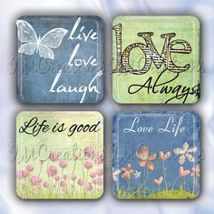 four square coasters with words and flowers on the front, one saying live love laugh laugh