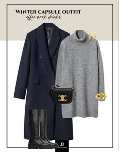 Date Night Winter Outfits, After Work Drinks Outfit, Winter Birthday Outfits, Navy Coat Outfit, Work Outfits Winter, Knee High Chunky Boots, Date Night Winter, Sweater Dress Outfit Winter, Wool Coat Outfit